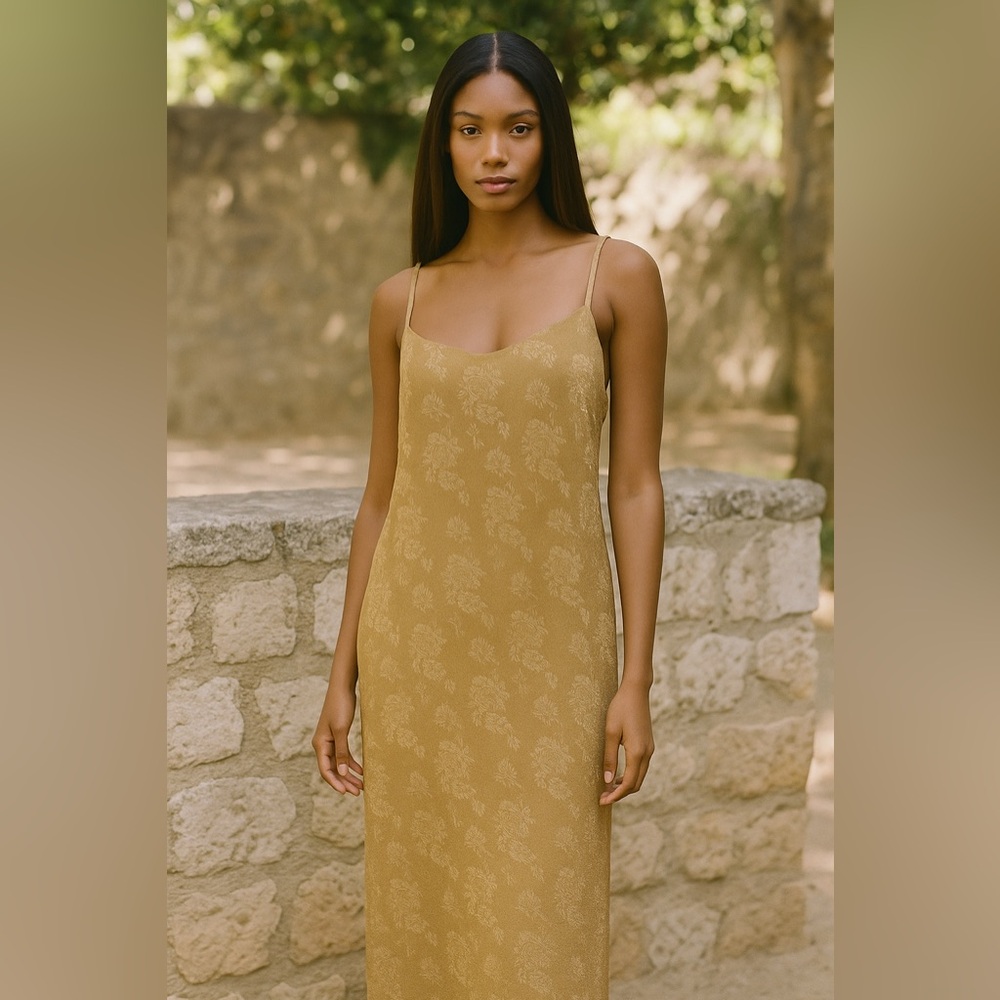 Vintage Jump Y2K Gold Slip Dress Mesh Rose Floral Metallic Maxi Ethereal Angel